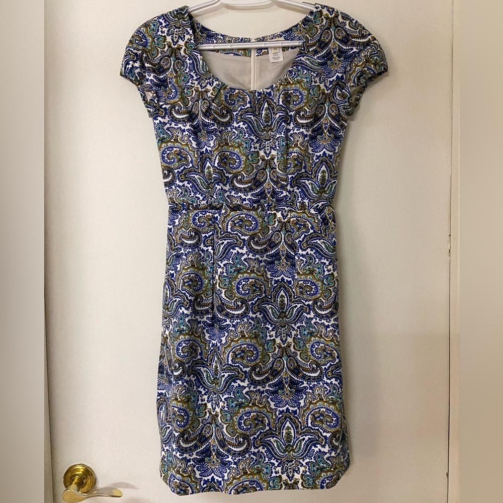J. Crew Peacock Paisley Sheath Dress silk cotton blend size 00 short sleeve